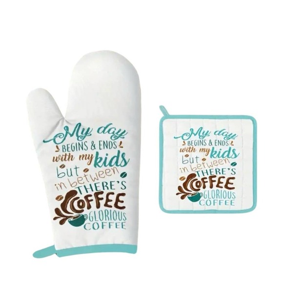 Kids and Coffee Oven Mitt And Pot Holder Set Mom needs coffee - Picture 1 of 3